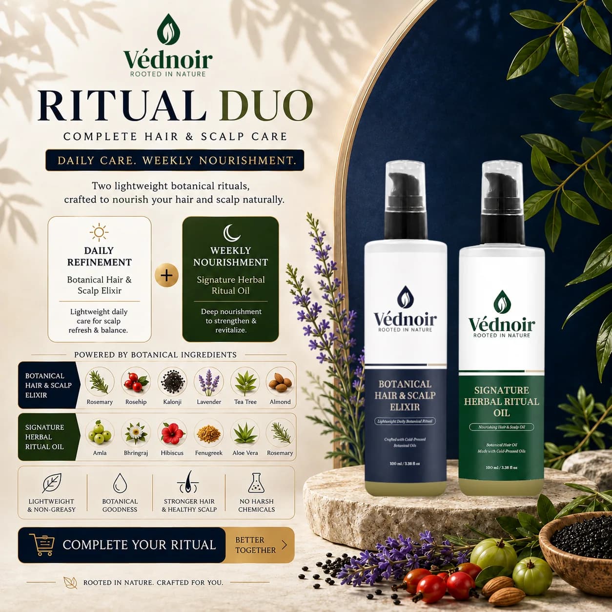 VÉDNOIR Ritual Duo — Signature Herbal Ritual Oil and Botanical Hair & Scalp Elixir